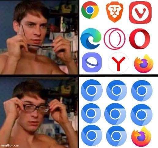 This meme is a screenshot of a person who is trying to use a computer with a blindfold on. The text "I'm not blind, I just don't see the point" is written above the image. The meme is likely referencing the various browser icons (e.g. Google Chrome, Firefox, Safari) that are shown on the screen, implying that the person is not interested in using any of them.